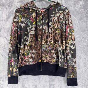 Johnny Was Hoodie Sweatshirt Womens Medium Multi Ash Bird Leopard Zip Up Floral